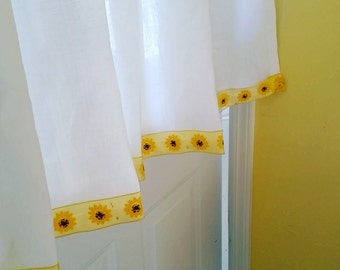 Kitchen Curtains, White Linen Cafe Curtain, Irish Handkerchief Linen , Kitchen cafe curtains, Lace Cafe curtain, Sunflower Cafe curtains