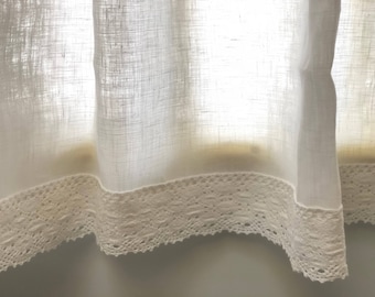 White Linen Curtains, Kitchen Curtains, Window Valances, Cafe Curtains, Crochet lace trim Curtains