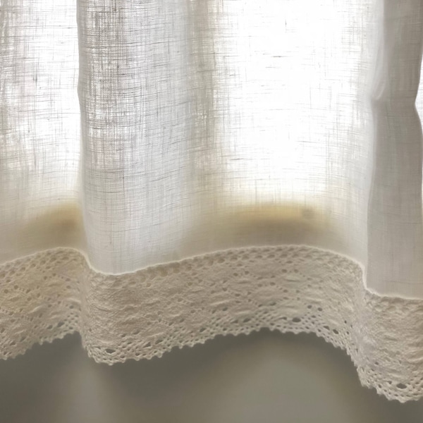 White Linen Curtains, Kitchen Curtains, Window Valances, Cafe Curtains, Crochet lace trim Curtains