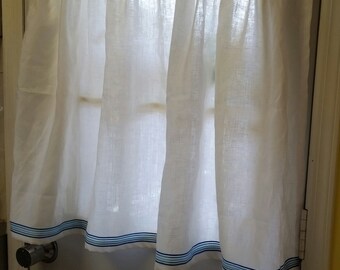 White linen cafe curtains with lace, White Irish Handkerchief Linen Kitchen Curtains.