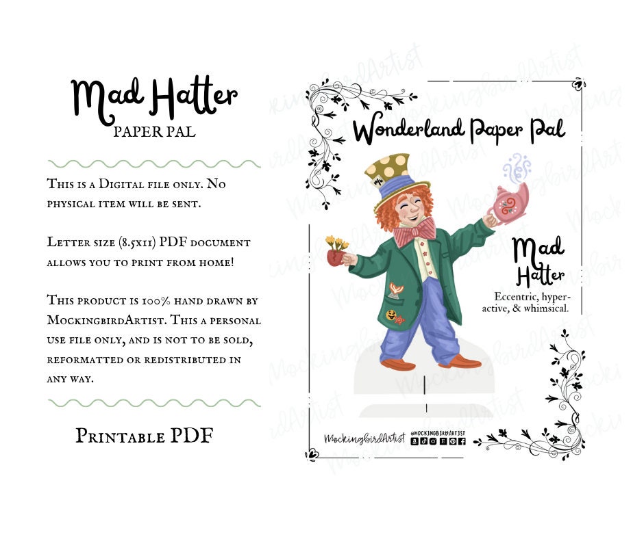Mad Hatter Papercraft Toy: Alice in Wonderland Printable (PDF Download ...