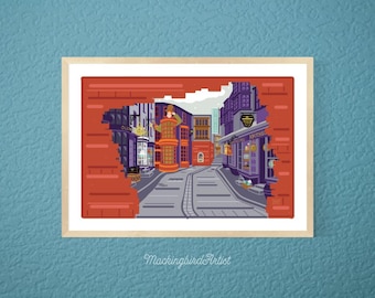 Magical Shops Street Art Print: Whimsical Wizard Alley Illustration