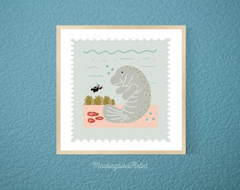 Florida Manatee Art Print: Coastal Wildlife Illustration