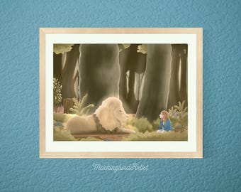 Lucy and Aslan Art Print: Narnia Inspired Storybook Illustration
