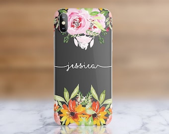 Custom Personalised Name Flower Floral Clear Phone Case for iPhone 6 / 6S / 7 / 8 / Plus / X / XS / XR / XS Max / 11 / 11 Pro / 11 Pro Max.