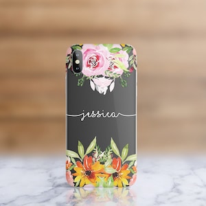 Custom Personalised Name Flower Floral Clear Phone Case for iPhone 6 / 6S / 7 / 8 / Plus / X / XS / XR / XS Max / 11 / 11 Pro / 11 Pro Max. White