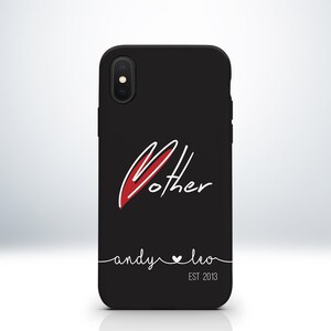 Custom Personalised Mother iPhone Case. Matte Black Colour. Embossed Print. Anti-Impact TPU Bumper. Add Your Kid's Name with Heart Symbol. image 1