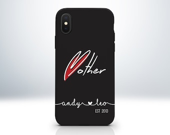 Custom Personalised Mother iPhone Case. Matte Black Colour. Embossed Print. Anti-Impact TPU Bumper. Add Your Kid's Name with Heart Symbol.