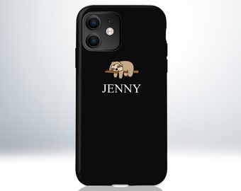 Custom Personalised iPhone Case. Matte Black Colour. Embossed UV Print. Anti-Impact TPU Bumper. Add Your Name Under The Sleeping Sloth Icon.