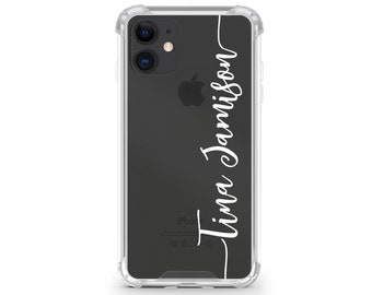 Custom Name Personalised iPhone Clear Case. Anti-Impact Protective Bumper Edges. Embossed Print. For iPhone 7 / 8 / X / XS / 11 / 12.