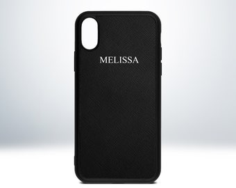 Custom Leather iPhone Case. Personalised Name Leather iPhone Case. For iPhone 7 / 8 / X / XS / XS Max / XR / 11 / 12 / 13. Embossed Print.