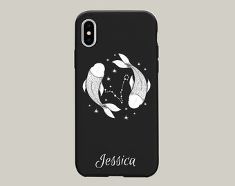 Custom Personalised Zodiac iPhone Case. Matte Black Colour. Embossed Print. Anti-Impact TPU Bumper. Add Your Name Under Your Star Sign Icon.