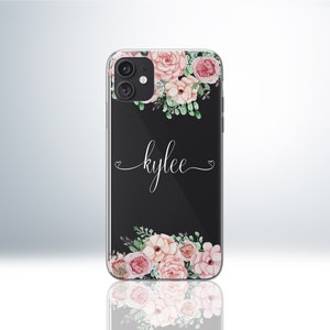 Custom Personalised Name Flower Floral iPhone Clear Case for iPhone 6 / 6S / 7 / 8 / Plus / X / XS / XR / XS Max / 11 / 11 Pro / 11 Pro Max. White