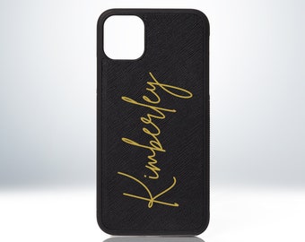 Custom Personalized Name iPhone Case. Matte Black Leather Saffiano. Protective TPU Bumper. Embossed Print.