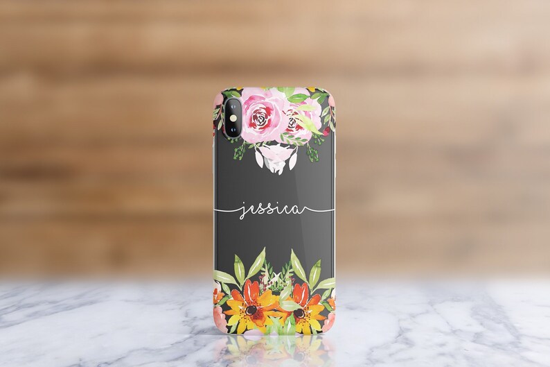 Custom Personalised Name Flower Floral Clear Phone Case for iPhone 6 / 6S / 7 / 8 / Plus / X / XS / XR / XS Max / 11 / 11 Pro / 11 Pro Max. White