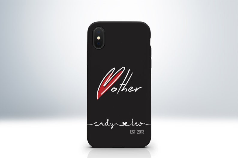 Custom Personalised Mother iPhone Case. Matte Black Colour. Embossed Print. Anti-Impact TPU Bumper. Add Your Kid's Name with Heart Symbol. image 1