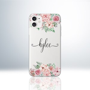 Custom Personalised Name Flower Floral iPhone Clear Case for iPhone 6 / 6S / 7 / 8 / Plus / X / XS / XR / XS Max / 11 / 11 Pro / 11 Pro Max. Black