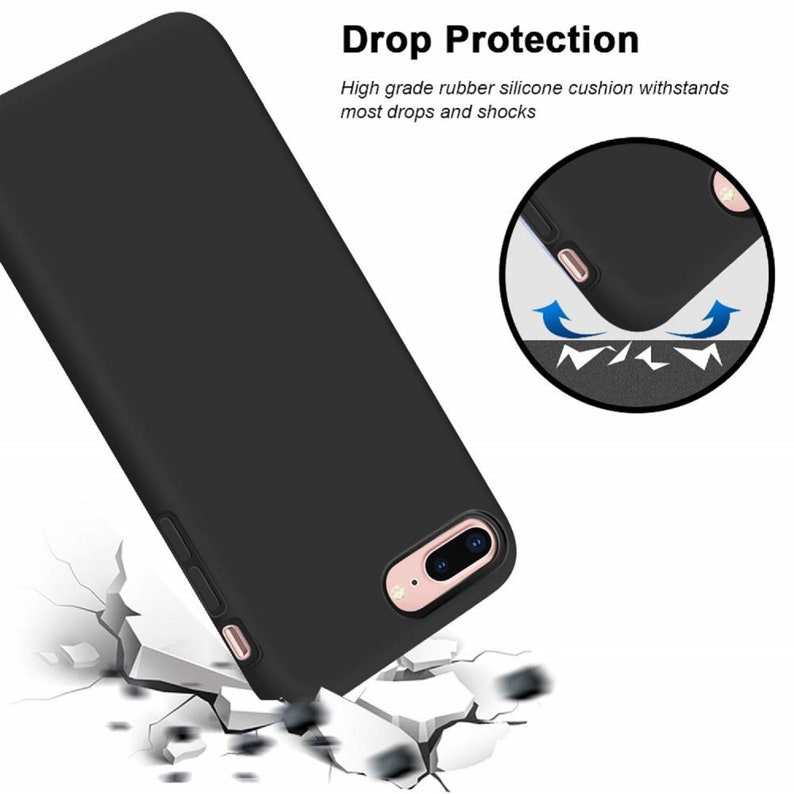 Op de afbeelding: Zwarte siliconen telefoonhoes met een camera-uitsparing en de tekst "Drop Protection" erboven. Hoogwaardige rubberen siliconen kussen weerstaat de meeste vallen en schokken.
