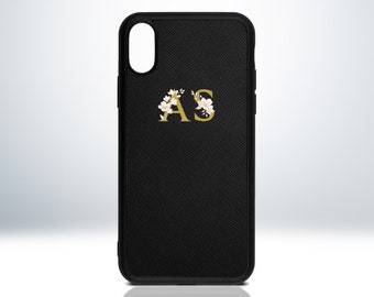 Custom Floral Letters Personalised Leather iPhone Case. For iPhone 7 / 8 / 7 Plus / 8 Plus / X / XS / XR / 11 / 12 / 13. Embossed Print.