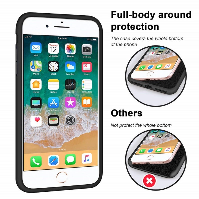 Op de afbeelding: Een zwarte telefoonhoes met volledige bescherming. De hoes bedekt de hele onderkant van de telefoon. De afbeelding toont een vergelijking tussen een hoes die de hele onderkant van de telefoon beschermt en een hoes die dat niet doet.