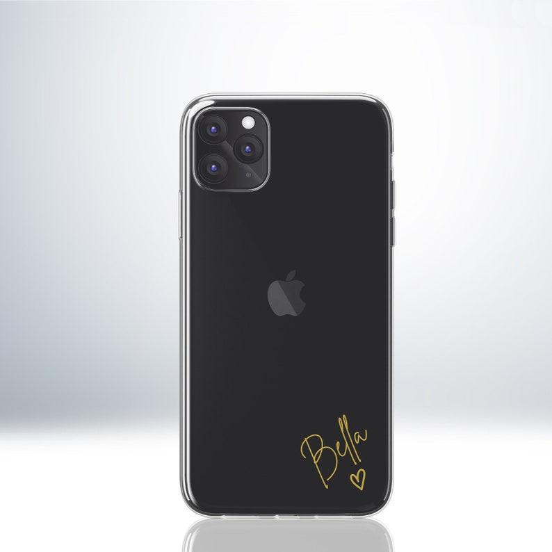 Custom Personalised iPhone Clear Case for iPhone X/XS/XR/11/12/13/14/15. Add Your Name and a Heart. Embossed Print. Anti-Impact TPU Bumper. Matte Gold