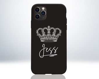 Custom Personalised iPhone Case. Matte Black Colour Finish. Queen Crown Logo with Your Name Embossed. Made from Anti-Impact TPU Bumper.