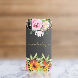 Custom Personalised Name Flower Floral Clear Phone Case for iPhone 6 / 6S / 7 / 8 / Plus / X / XS / XR / XS Max / 11 / 11 Pro / 11 Pro Max. Matte Gold