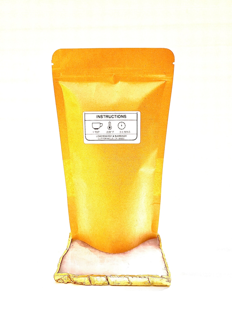 May include: A brown paper pouch with a white label that says "INSTRUCTIONS" and includes brewing instructions for 1 teaspoon of tea at 208 degrees Fahrenheit for 3-5 minutes. The label also includes the company name "Loveyenergy & Blessings" and the location "Clipper Mills CA 9130".