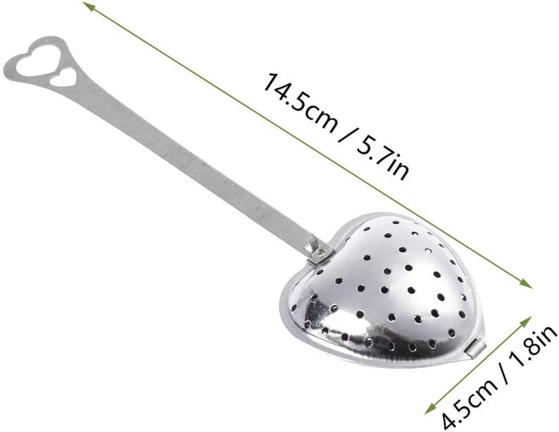 May include: A stainless steel heart-shaped tea infuser with a long handle and a heart-shaped cutout at the end. The infuser is 5.7 inches long and 1.8 inches wide.