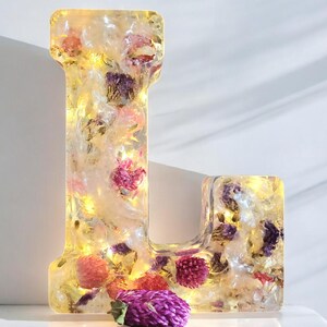 Letra de resina LED personalizada com flores reais | Decoração com letra L | Presente de decoração para casa | Luz noturna LED | Decoração de presente personalizada | Decoração de Natal