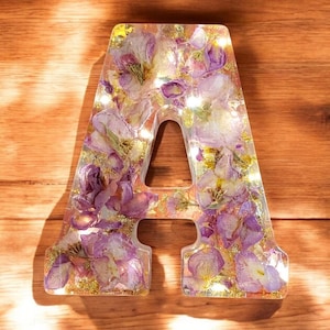 Letra de resina LED personalizada / Flores secas reales / Recuerdo floral personalizado / Regalo para ella, Decoración con nombre de bebé, Carta conmemorativa / Decoración navideña