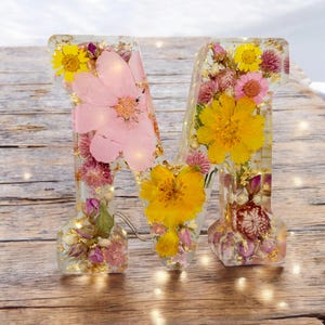 Letra de resina LED personalizada / Flores secas reales / Recuerdo floral personalizado / Regalo para ella, Inicial de bebé / Luz de noche / Decoración navideña
