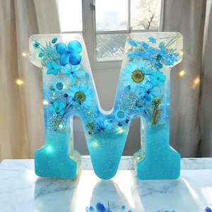 Letra de resina LED personalizada / Flores secas reales / Recuerdo floral personalizado / Regalo para ella, Decoración con nombre de bebé, Carta conmemorativa / Decoración navideña