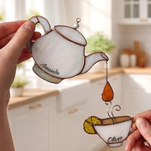 Stained Glass Teapot and Cup Suncatcher – Kitchen Window Hanging – Tea Lover Gift – Housewarming Present – Handmade Glass Decor