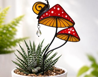 Stained Glass Mushroom Plant Stake with Snail, Plant Decor, Cottagecore Gift, Whimsical Garden Art, Plant Lover Gift