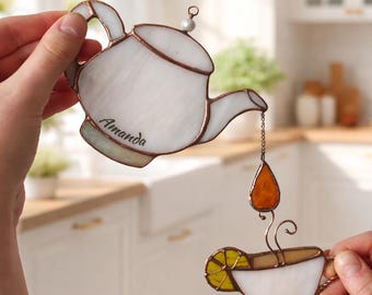 Stained Glass Teapot and Cup Suncatcher – Kitchen Window Hanging – Tea Lover Gift – Housewarming Present – Handmade Glass Decor