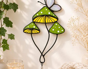 Green Mushroom Stained Glass Suncatcher, Cottagecore Window Decor, Fairy Garden Ornament, Woodland Gift
