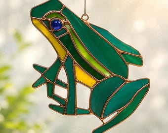 Stained Glass Frog Suncatcher, Modern Boho Window Decor, Emerald Green Frog Hanging, Nature Inspired Glass Art, Unique Gift