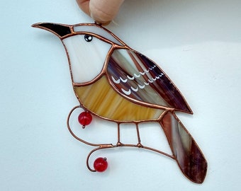 Carolina wren suncatcher Bird stained glass window hanging Bird lover gift Bird on branch