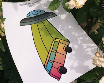 UFO et Hippie Bus Vitraux Modèles Suncatcher PDF imprimer Vitraux personnalisés