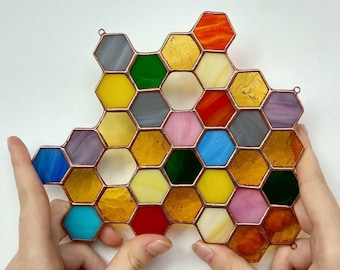 Honeycomb suncatcher Window hanging Honeycomb glass Stained glass panel