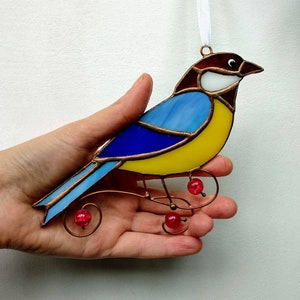 Chickadee stained glass Bird on a branch stained glass Bird suncatcher Stained glass bird window hangings Bird gifts for home Bird art