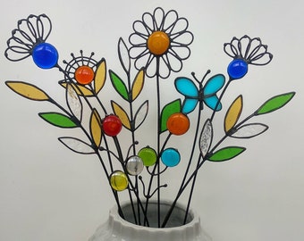 Stained glass bouquet Glass flowers with stems Stained glass wildflower Arrangement for vase Glass plant stake Gift for birthday mom