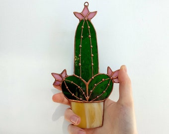 Stained glass сactus plant Funny Cocktus Sancatcher Best friend birthday gifts funny