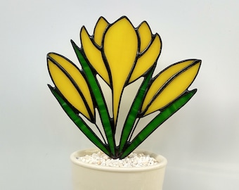 Saffron crocus Stained glass flowers in pot Bouquet Sun catcher Mothers day gifts Plant pot decoration Forever flowers