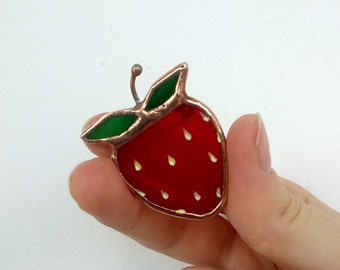 Stained glass strawberry Strawberry brooch Mothers day gits Fruit jewelry Pin