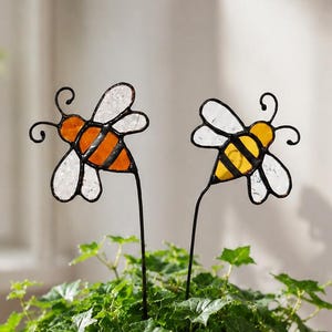 Stained Glass Bee Plant Stakes Set of 2, Honey Bee Decor for Flowers Pots, Miniature Garden Art, Bee Gifts for Plant Lovers