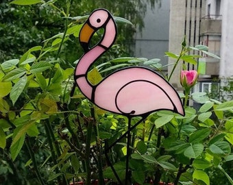 Flamingo stained glass Flamingo gifts Stained glass plant stakes Suncatcher Bird Indoor plant decor Plant decor for pots