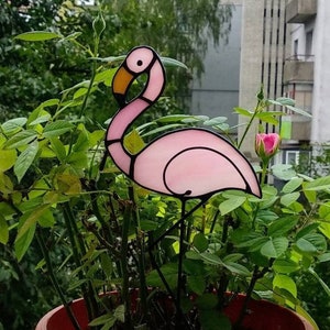 Flamingo stained glass Flamingo gifts Stained glass plant stakes Suncatcher Bird Indoor plant decor Plant decor for pots