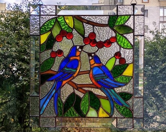 Stained glass panel Blue birds suncatcher Window hanging Beveled glass panel Bluebirds window art Two birds on branch